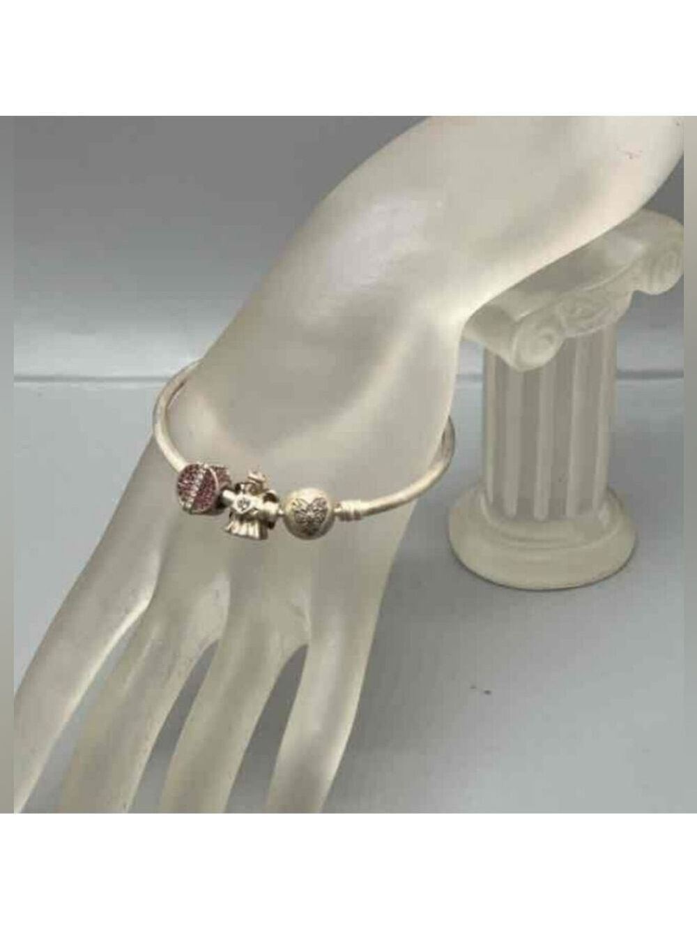 PANDORA 9.25 Silver stamped VINTAGE 7.25" Bangle Charm Bracelet 3 charms - Picture 1 of 11
